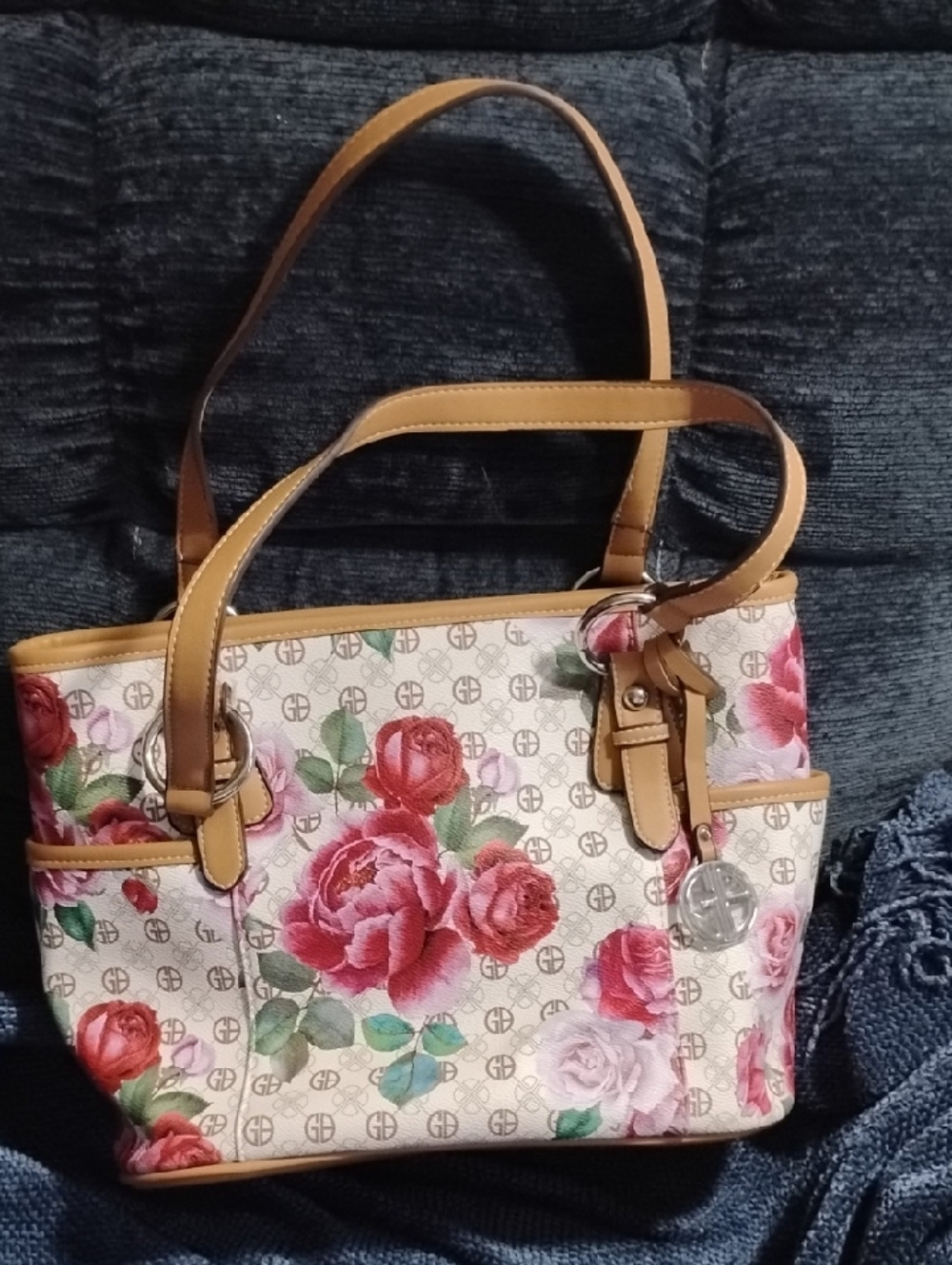 Rose-Print Shoulder Tote with Tan Trim